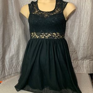 deb Party Mini Dress M Black with Lace/Sequin Sleeveless Back Zipper Nylon Poly